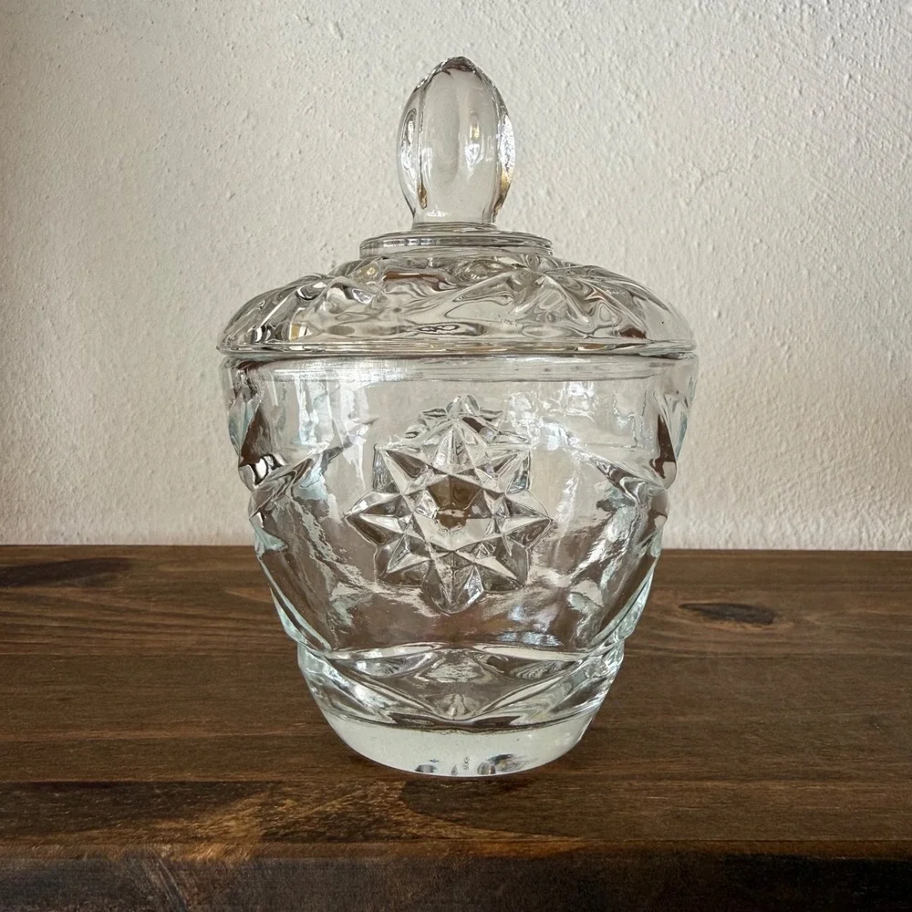 Vintage Anchor Hocking Star Of David Covered Sugar Bowl Clear Glass EAPC W/ Lid